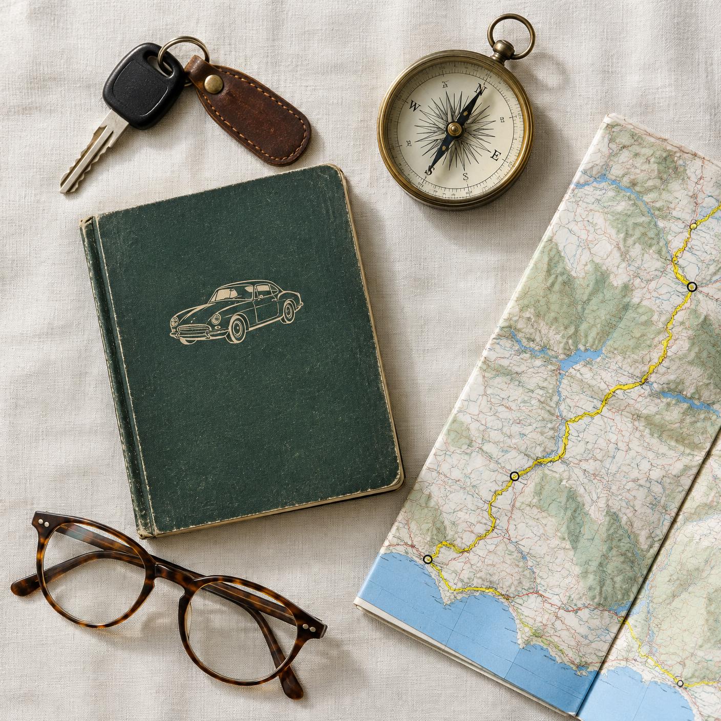 Car key, driver logbook, compass, reading glasses, and a road map with a route marked in yellow