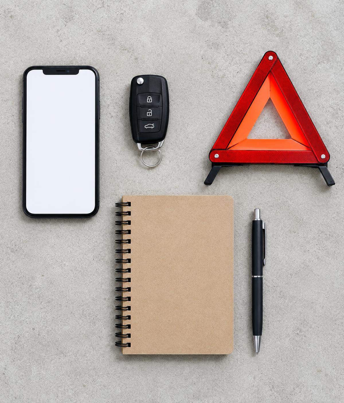 Phone, car key, notebook, pen, and a red warning triangle on light concrete