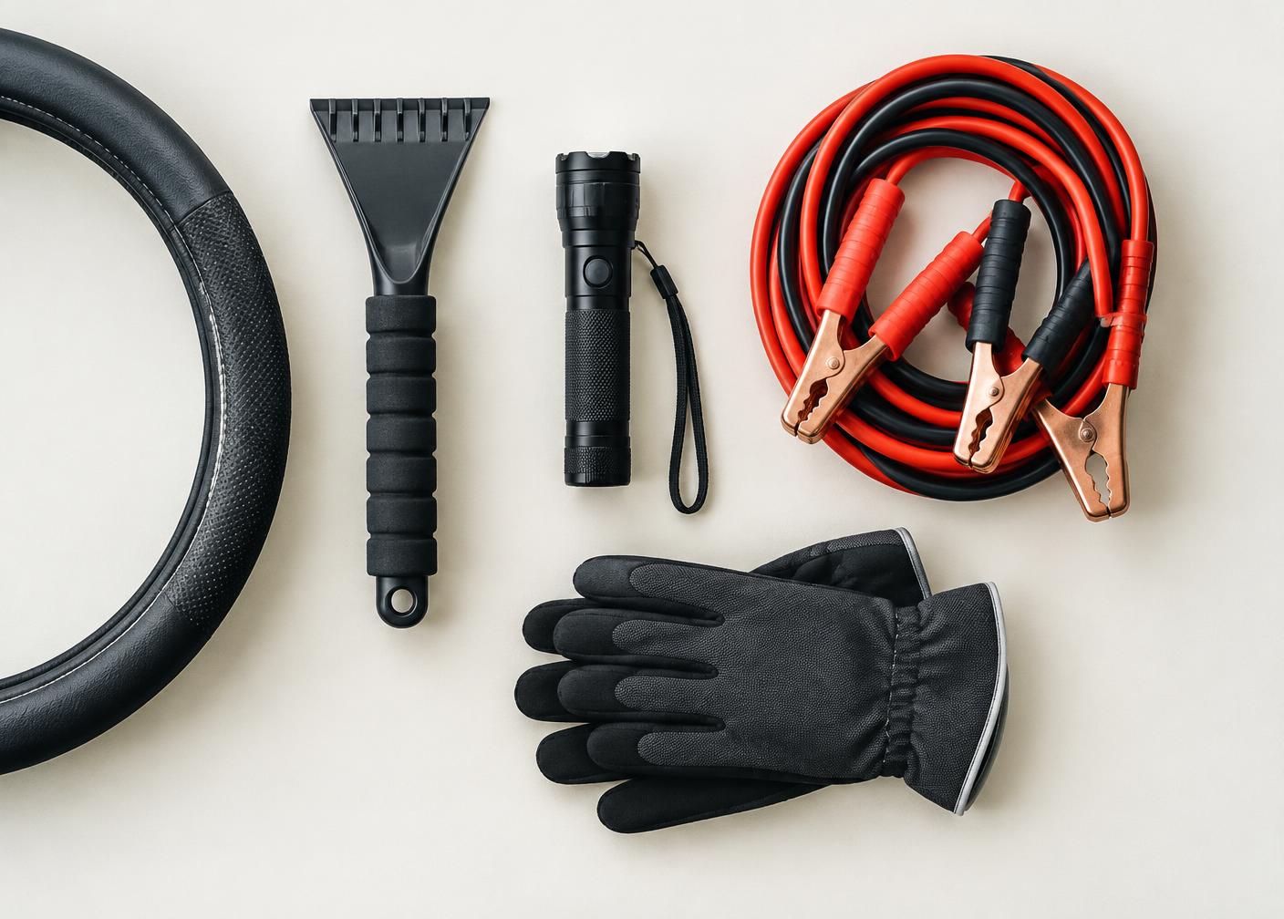 Ice scraper, flashlight, jumper cables, gloves, and a steering wheel cover on a pale surface